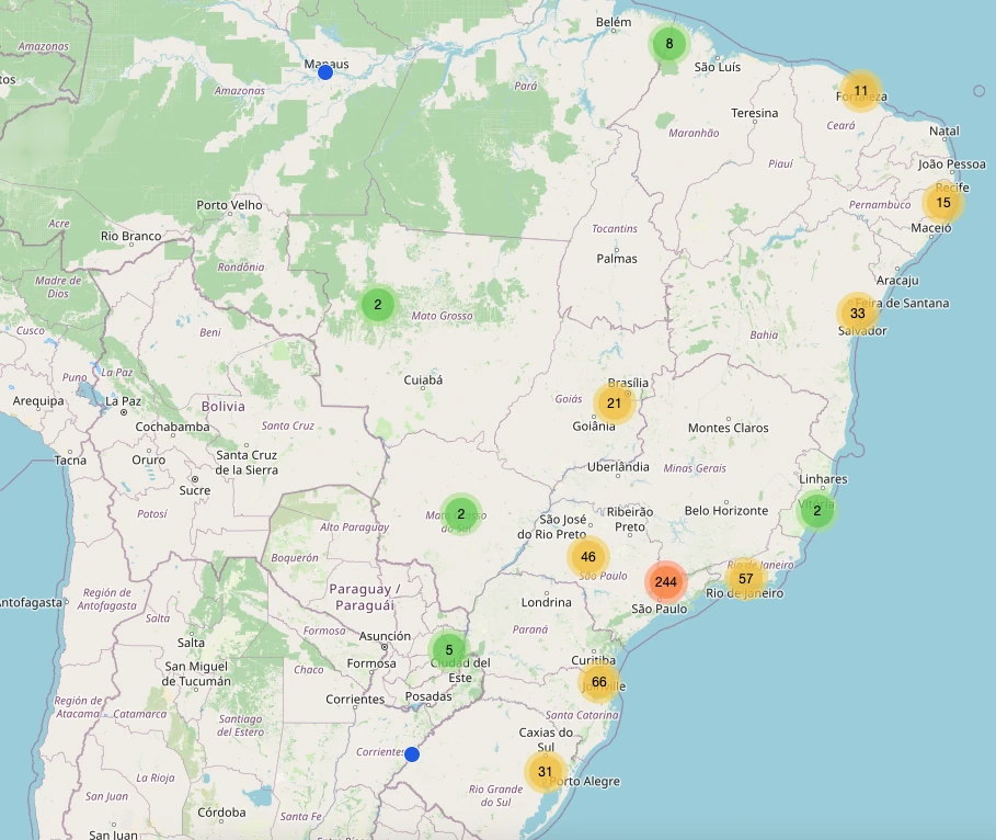 Mapa do Brasil com os nós Meshtastic ativos da rede mesh (Brazil Meshtastic node map screenshot)