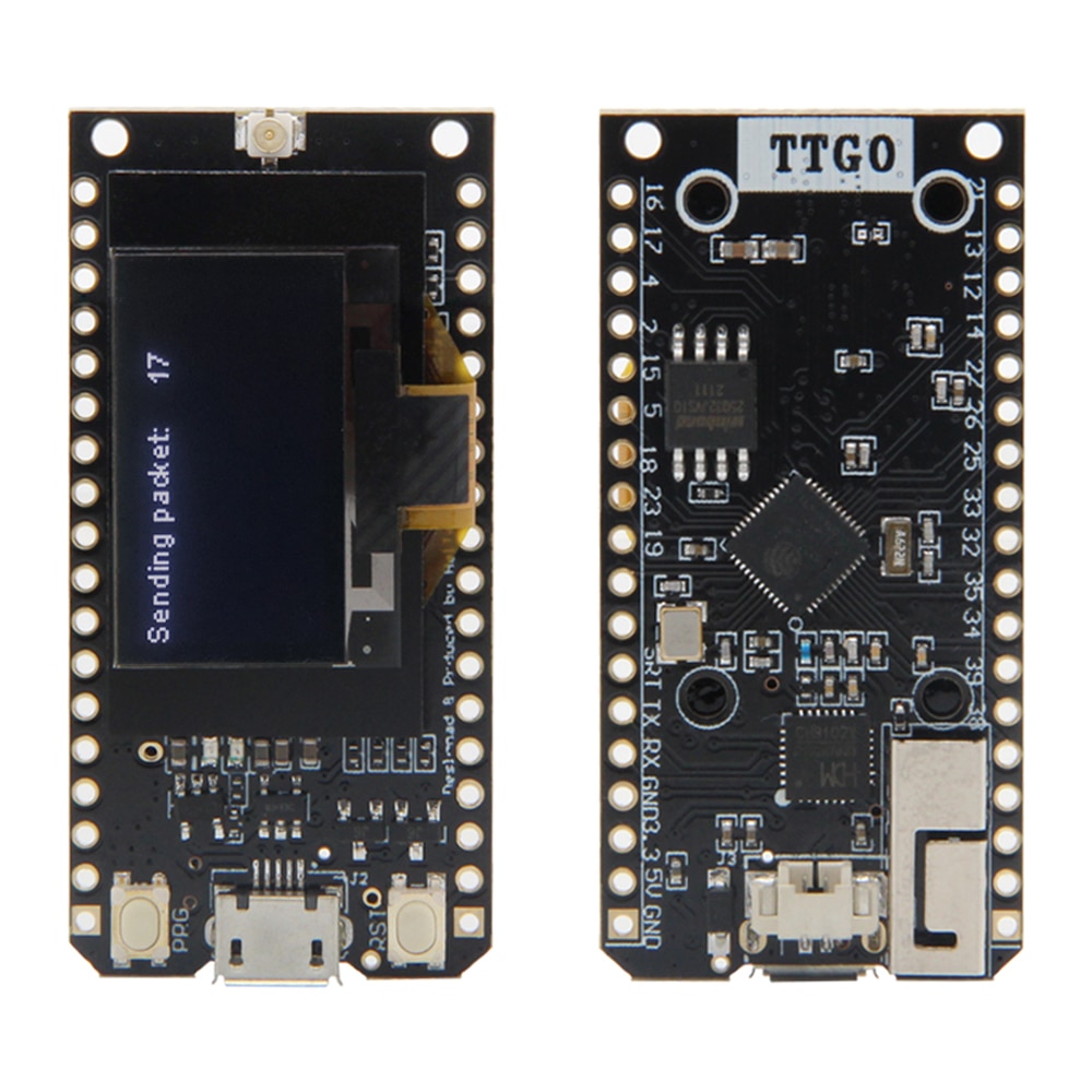 Placa TTGO Lora32 v1, frente e verso